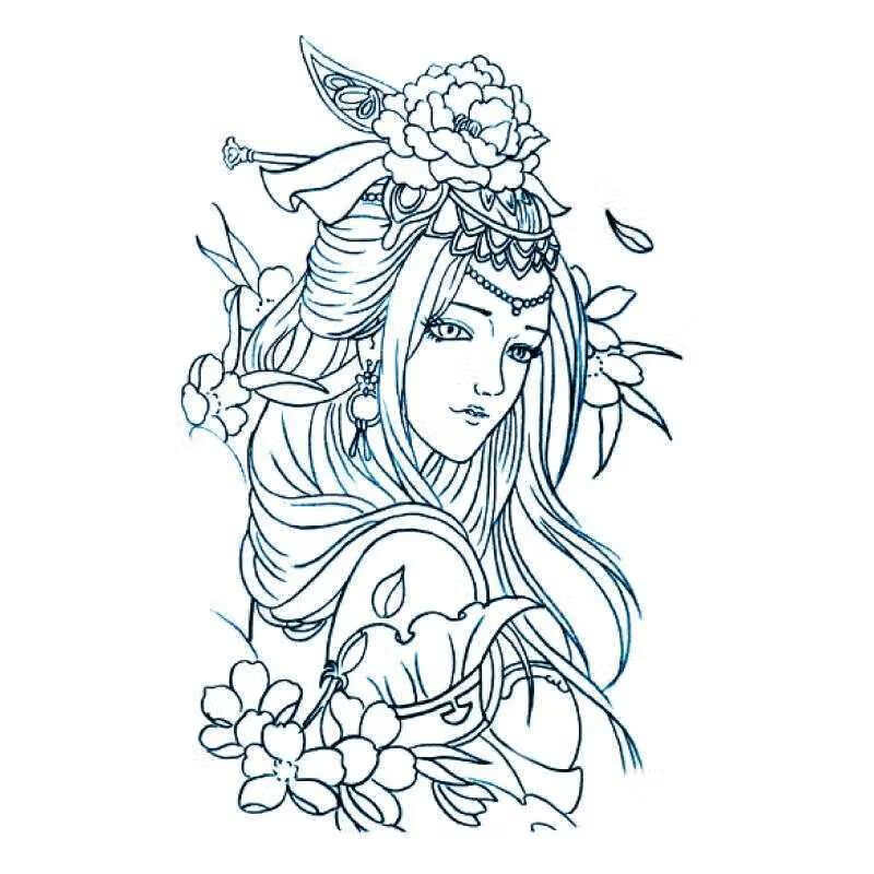 秋江月割线半臂线条刺青色艺花臂纹身贴蝉滴泪艺伎纹身防水逼真 1张