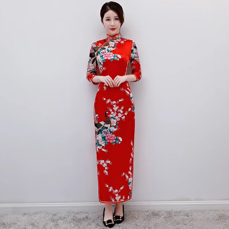 仕达zj胖人加肥大码模特年会表演走秀长旗袍拍照日常中长袖旗袍连衣裙