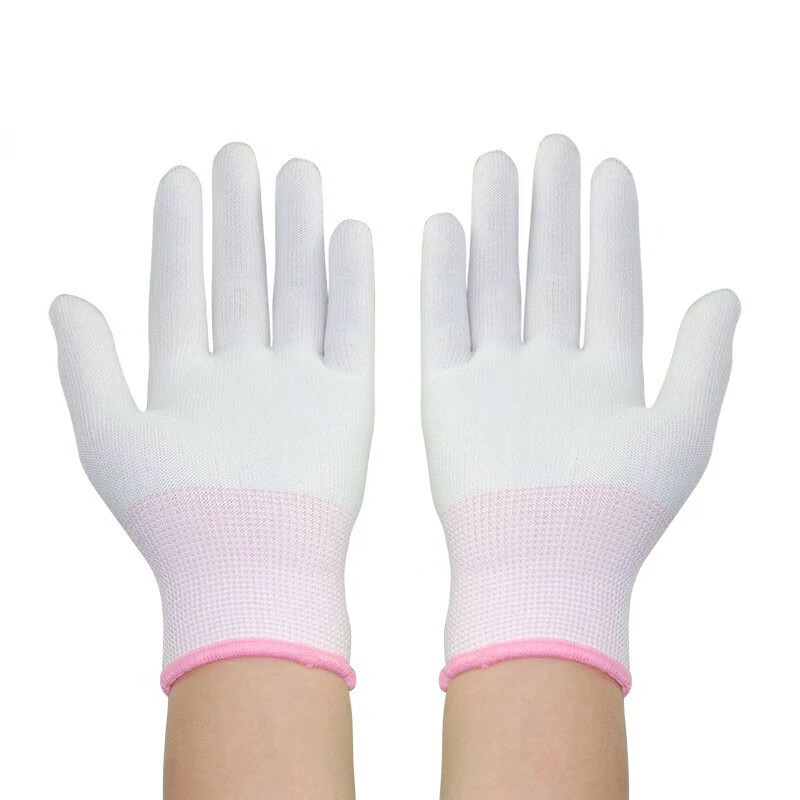 劳保尼龙线弹力性夏季超薄款透气作业手套开车防晒男女用工作手套 12双粉色边尼龙手套