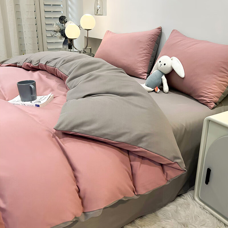 fuannajiaju简约纯色双拼亲肤化纤四件套 学生宿舍上下铺床单被套床上