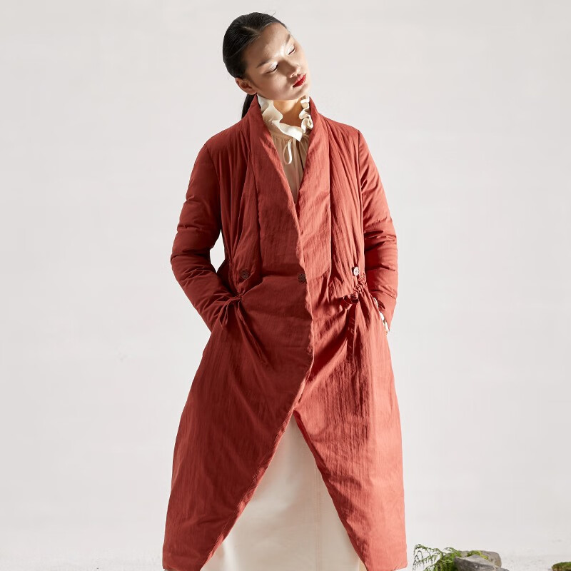 界内界外原创设计师长款羽绒服女加厚2020年冬装新款设计感个性抽带宽松休闲外套 暖橘色 S
