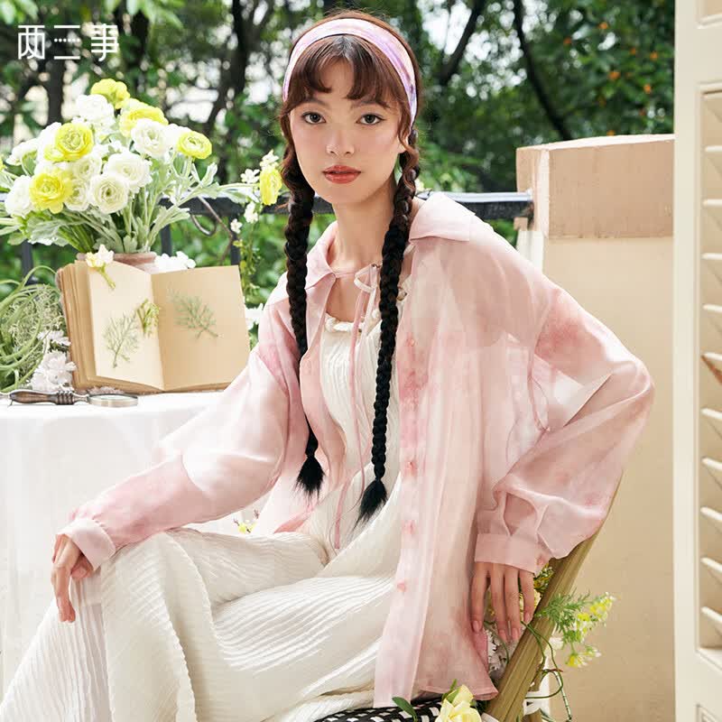 两三事 朝暮云汐 2023夏季新款休闲绑带水粉色长袖雪纺衫女宽松 粉色 S高性价比高么？