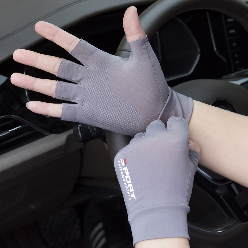 万宏达夏季薄款冰丝手套男半指开车防晒女防滑骑行送外卖运动防晒手套 SP二指款-灰色 均码