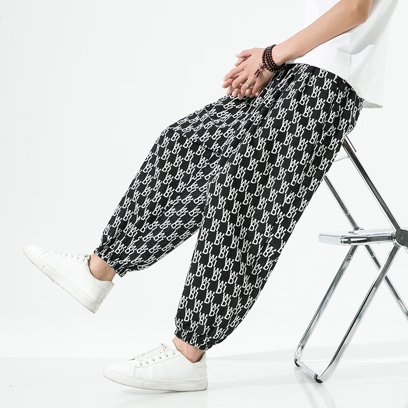 专帅2024夏季新款男休闲裤薄款中国风花裤潮流大码宽松束脚哈伦裤子男