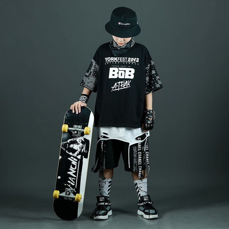 街舞潮服套装男童夏季新款帅酷演出服两件套炸街表演服小学生 黑色(无