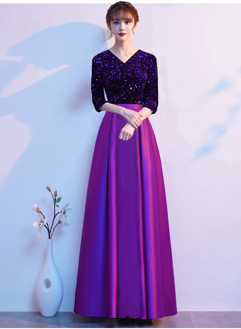 合唱团演出服女长裙合唱服装艺考独唱朗诵表演新款主持人礼服女 紫色