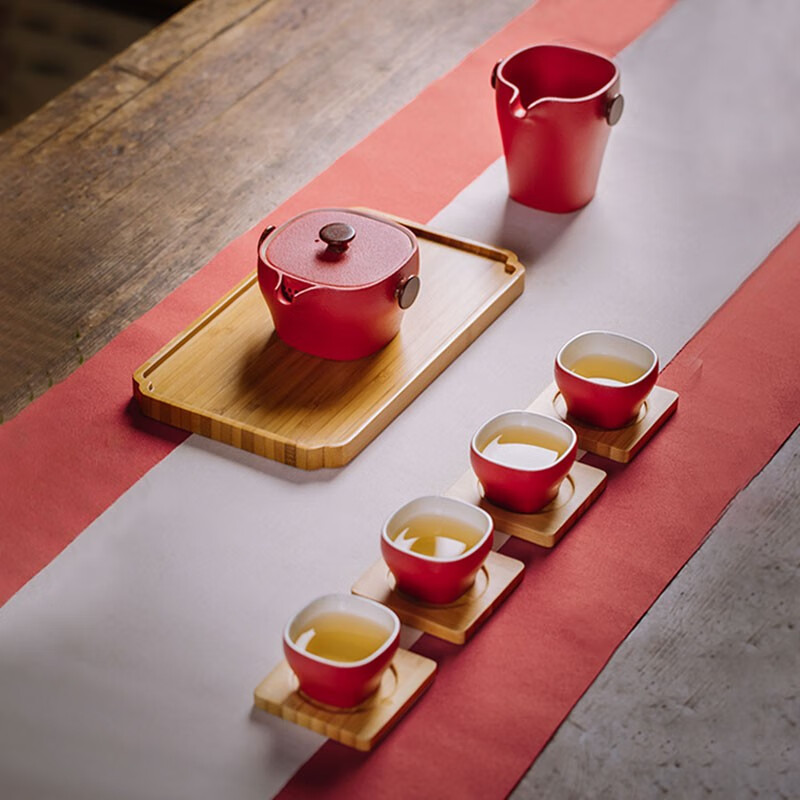 上作 朱砂釉茶杯茶壶 四方纳福 中式茶具套装家用功夫茶具茶杯茶壶男女士泡茶喝茶杯