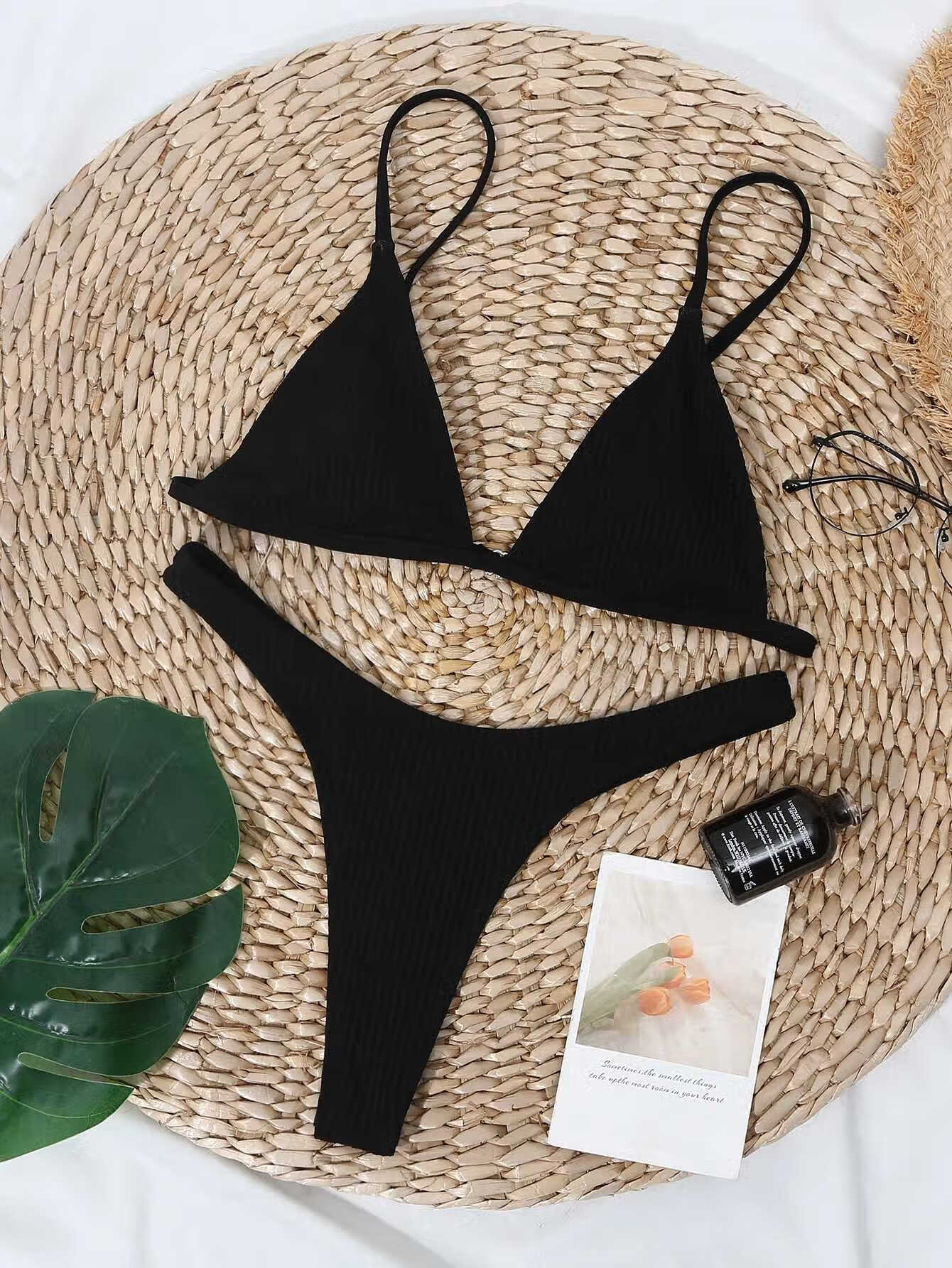 天颛比基尼一根绳2021欧美新纯色三点性感泳衣温泉泳装冇尕 黑色冇尕