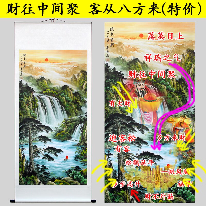 山水画字画客厅装饰画靠山聚宝盆招财卷轴挂画旭日东升 迎客聚财(流水
