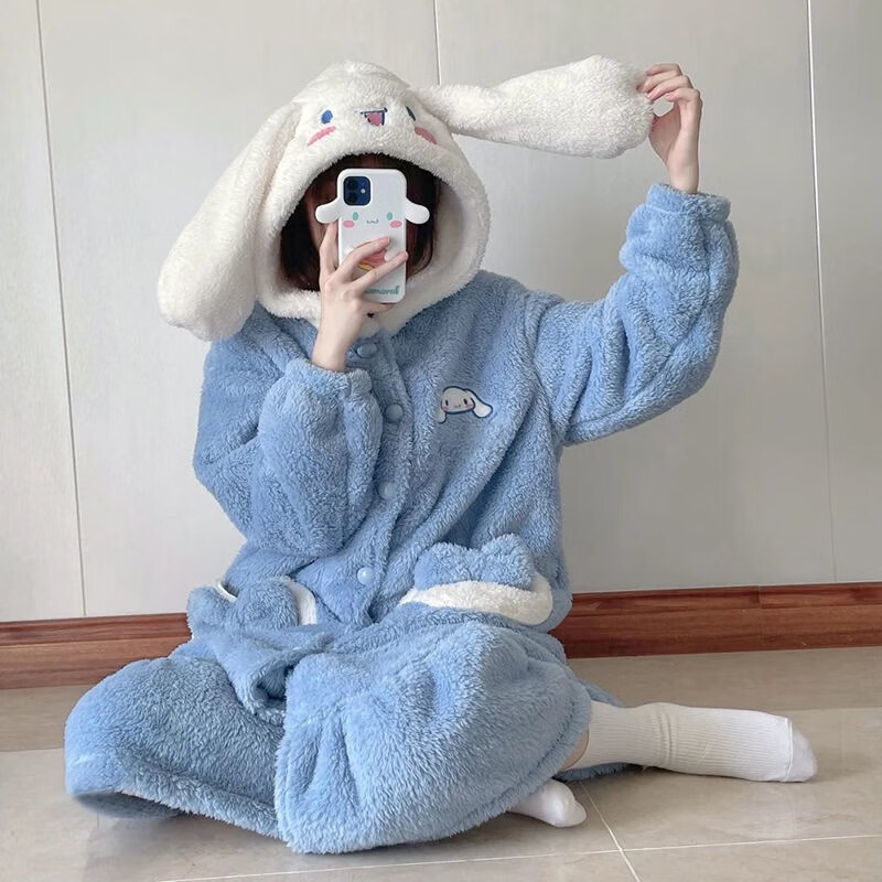 诗莉奥(SHILIAO)可爱珊瑚绒睡衣女冬季睡裙加绒加厚加厚保暖学生可爱加厚珊瑚绒 玉桂狗睡袍+裤子 均码 【适合80-160斤】