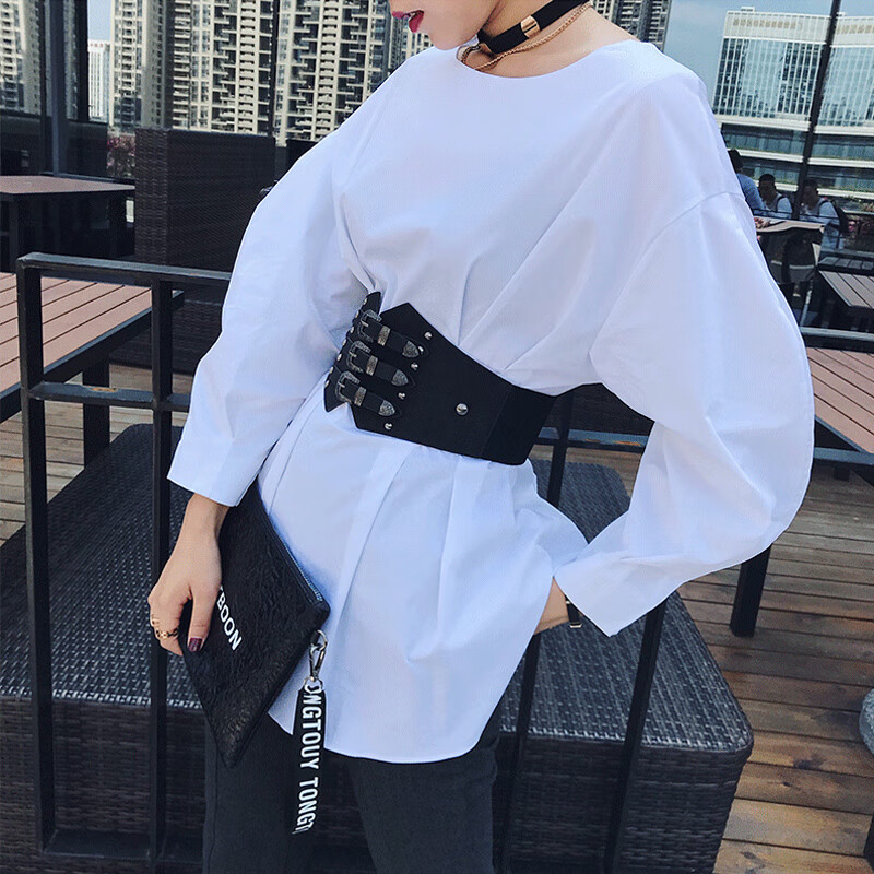 时尚外搭腰封女配裙子衬衫装饰女士百搭腰带松紧束腰黑色宽腰带t1