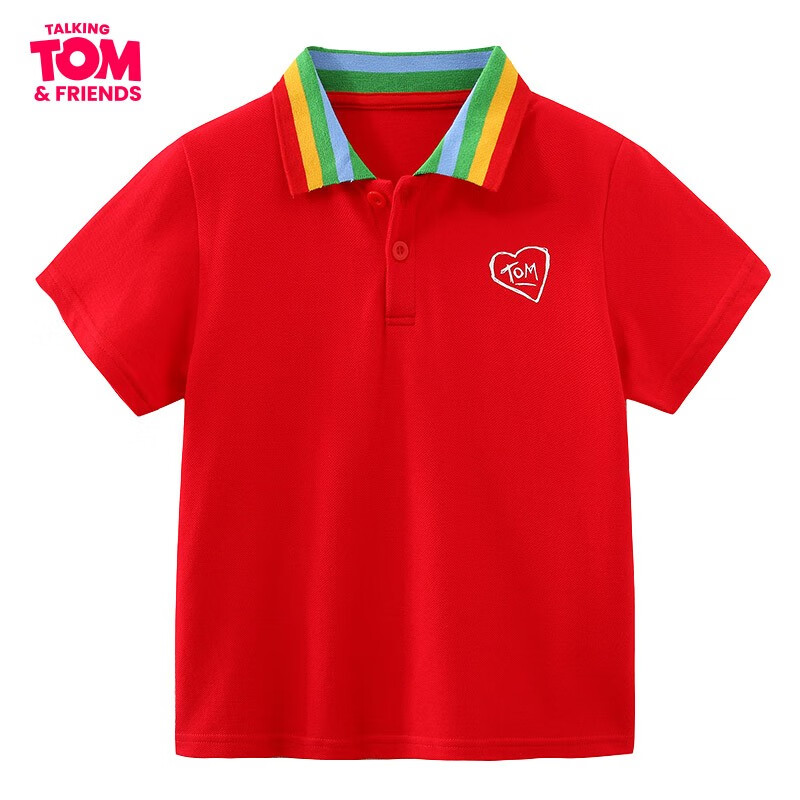 汤姆猫2021夏季新款童装男童T恤女童连衣裙Polo衫中大童纯棉亲肤 TTX1357红色 110cm