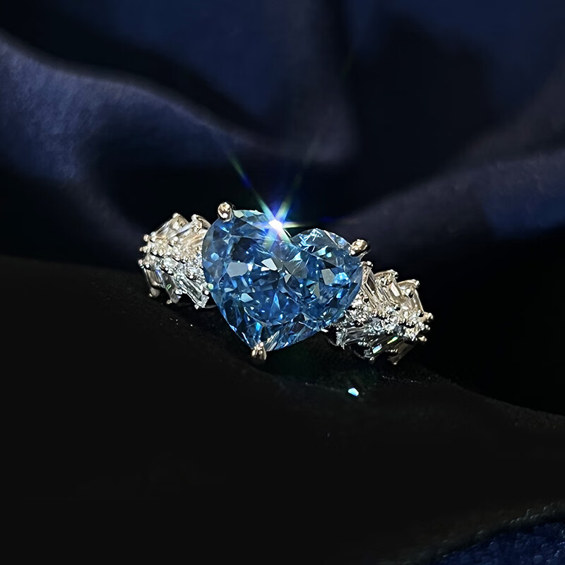 可颖心形圣玛利亚蓝宝石戒指 女士4克拉人造宝石海蓝宝爱心钻戒 美号5