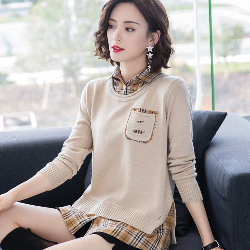 歌米拉假两件针织衫女外穿毛衣女士新款针织打底衫秋装宽松洋气上衣