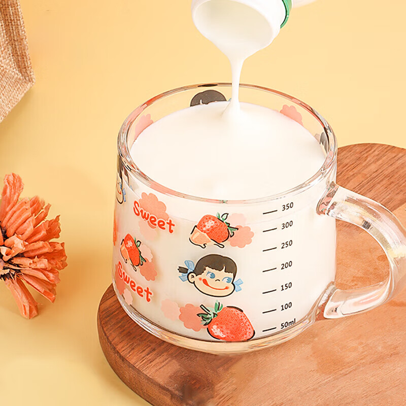 拜杰牛奶杯印花杯早餐杯燕麦杯杯子女耐热玻璃杯带盖带勺刻度水杯
