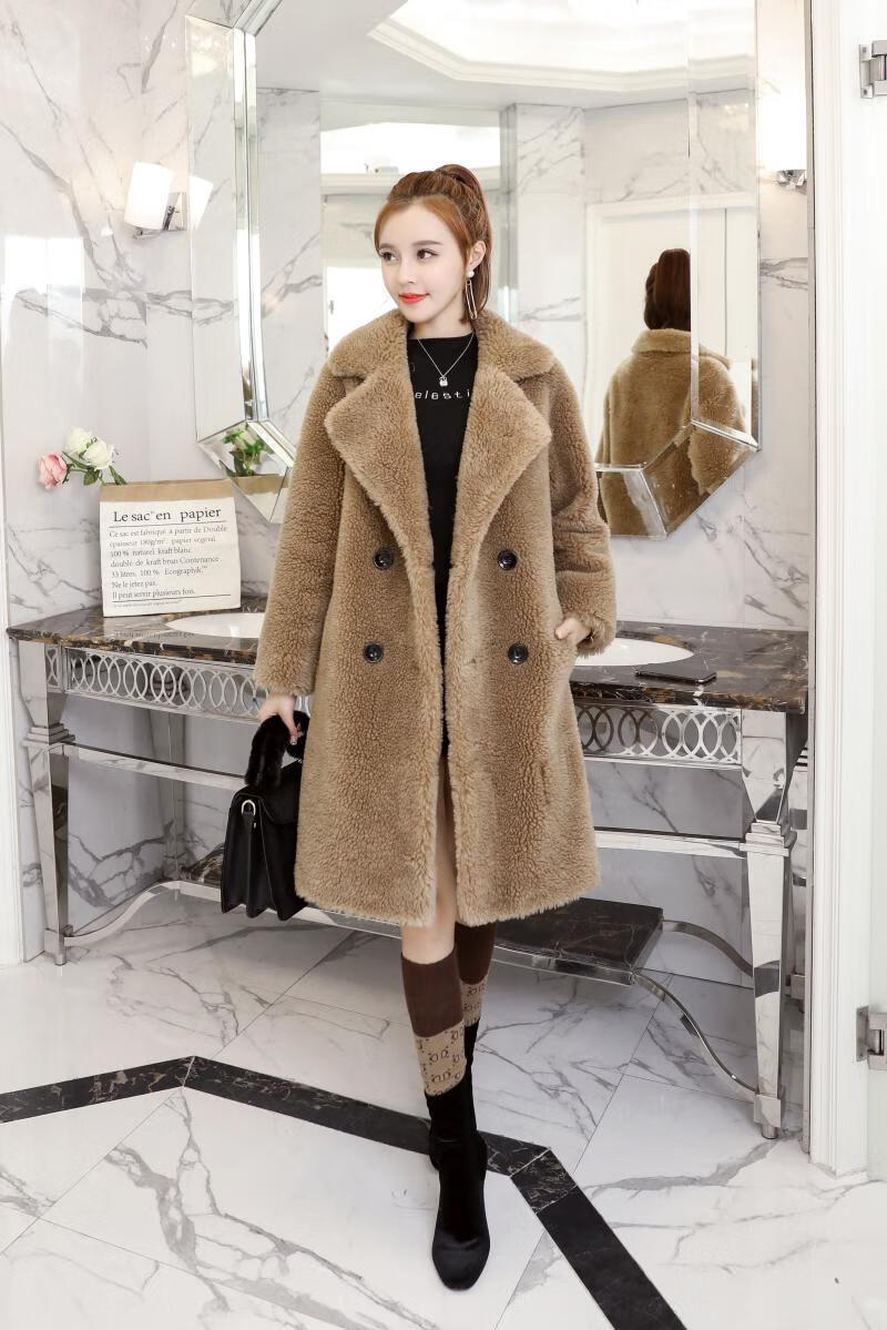 皮毛一体2023新款羊绒大衣女中长版颗粒毛羊羔毛皮草外套 泰迪熊色