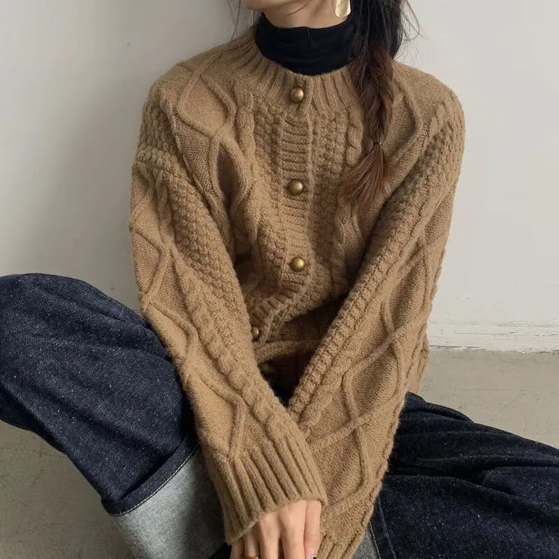 2021秋冬新款复古重工粗线麻花毛衣外套女短款日系慵懒宽松针织开衫女
