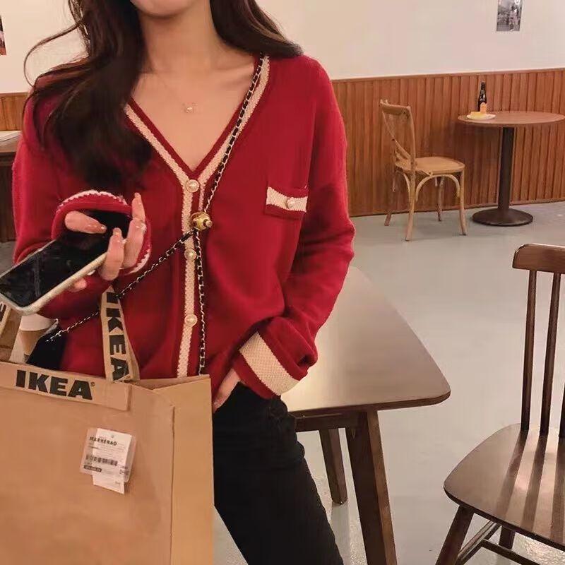 风针织开衫女2022年春秋设计感小众毛衣外套上衣外套 红色发饰小香风