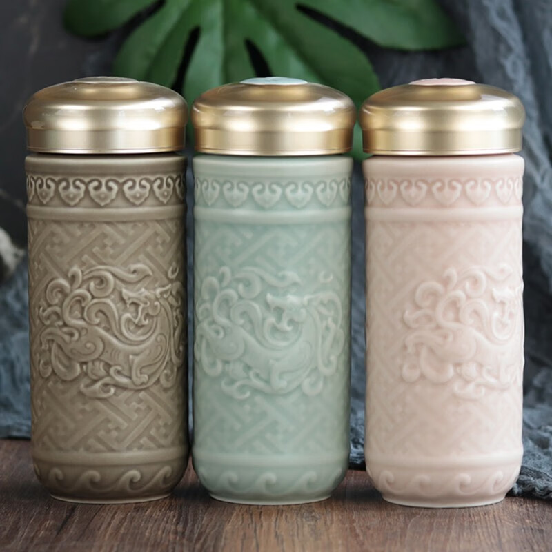 乾唐轩【官方授权】正品活瓷杯盛世祥龙随身杯双层陶瓷茶水杯送人礼品 摩卡棕（礼盒装带杯刷布杯套）