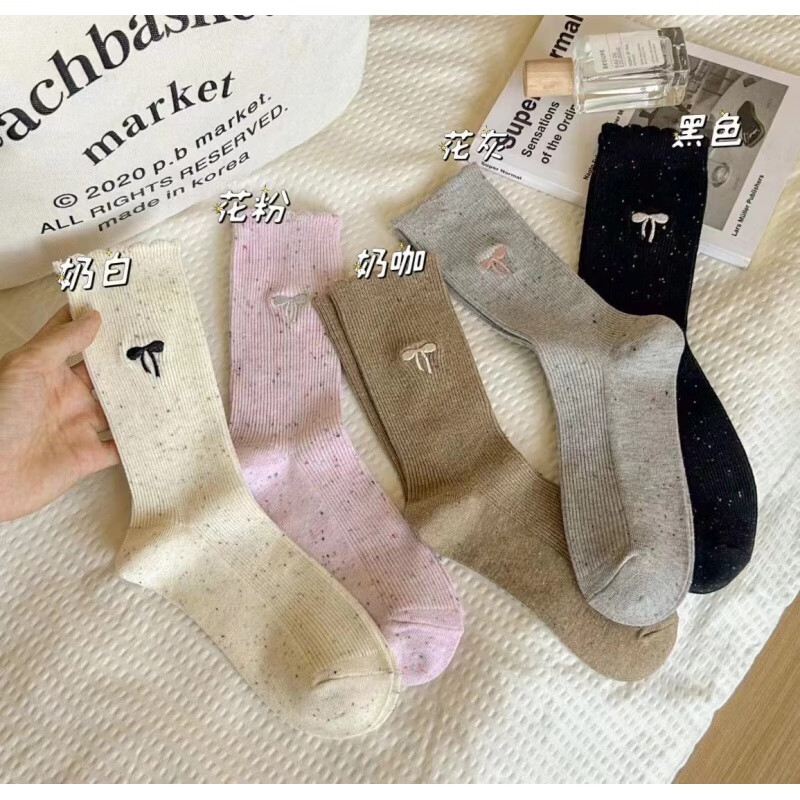 zzptnhz秋冬新款花边袜子女中筒袜芭蕾风堆堆袜点子纱蝴蝶结星空长