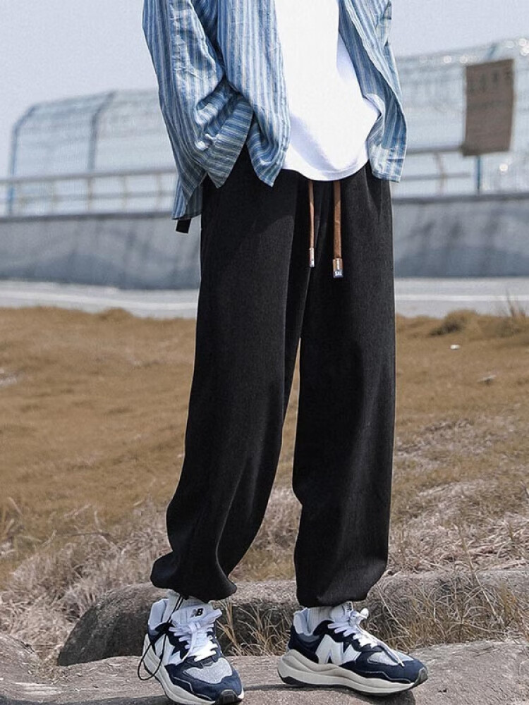 尖 休闲裤男韩版宽松束脚裤2022秋冬季ins灯芯绒男装束脚长裤青 黑色