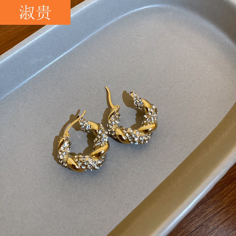 淑贵 镶钻缠绕麻花圆形耳扣耳钉轻奢感耳环女气质小众设计感耳饰 金色