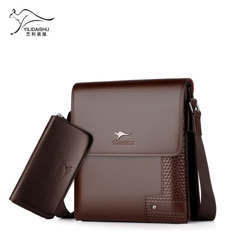酷奇袋鼠（KUQIDAISHU）加手包男士包包时尚单肩斜挎包商务休闲公文 95018棕色+手包