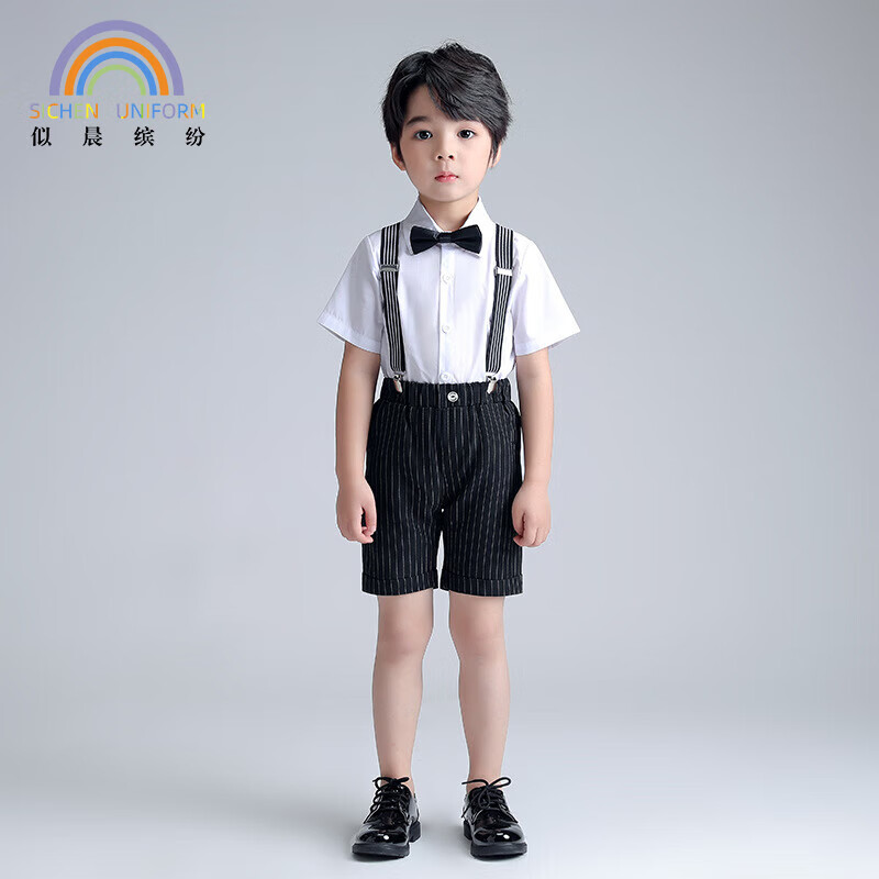 似晨缤纷儿童西装夏款男童背带裤套装时尚韩版礼服演出服 黑色条纹 120怎么样,好用不?