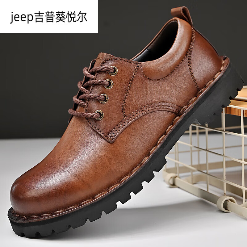 jeep吉普男鞋英伦工装鞋厚底大头皮鞋男圆头真皮夏季休闲爸爸鞋 黑色