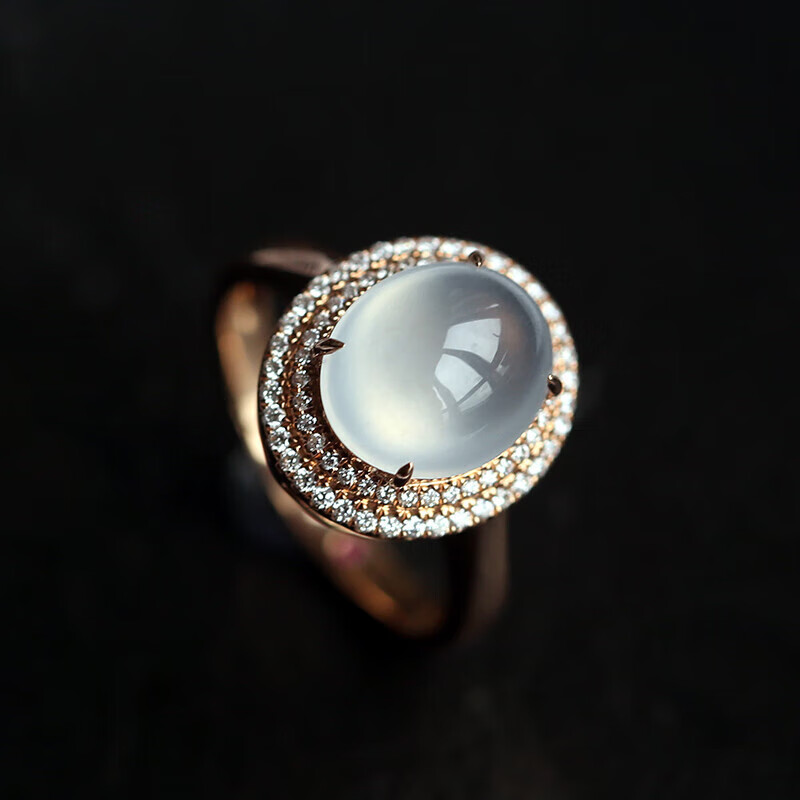 甄祥 天然缅甸a货冰种翡翠蛋面戒指镶嵌18k玫瑰金钻石女戒 高冰大蛋面