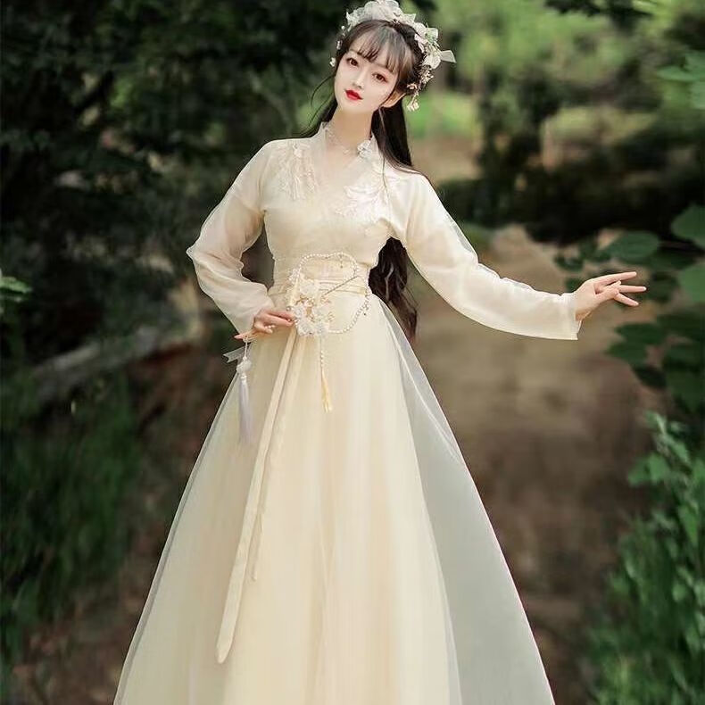 广袖流仙服汉服女学生秋季日常改良古装中国风仙女广袖流仙长裙套装