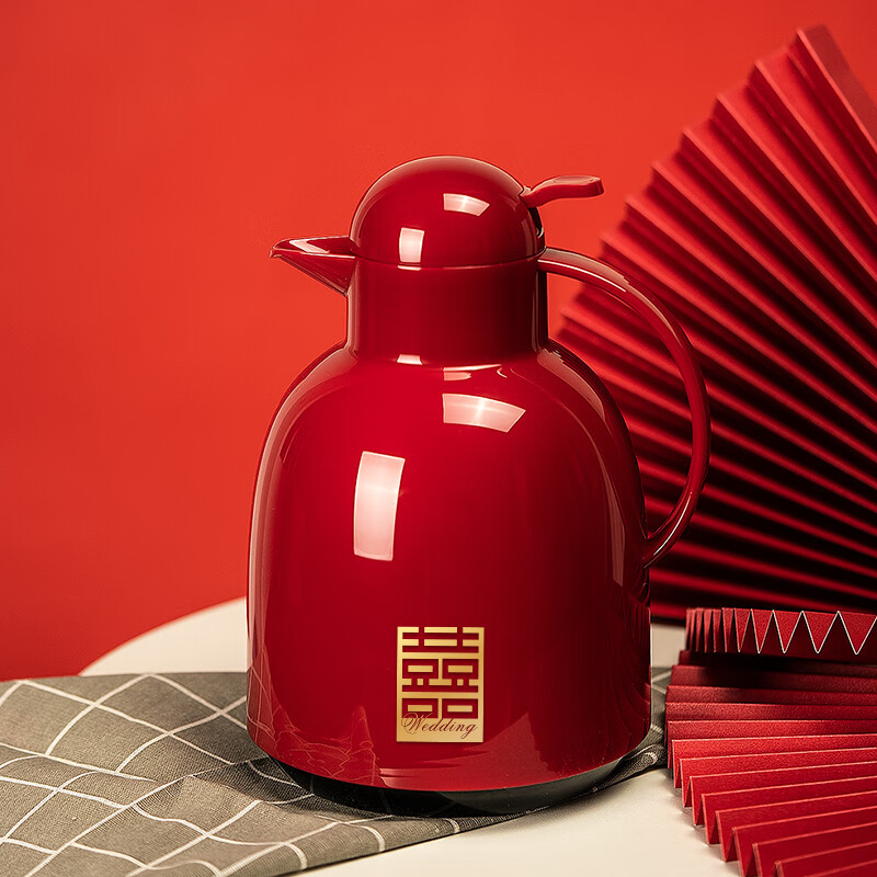 保温壶红色结婚陪嫁暖壶一对家用玻璃内胆热水瓶大容量水壶 酒红-喜字