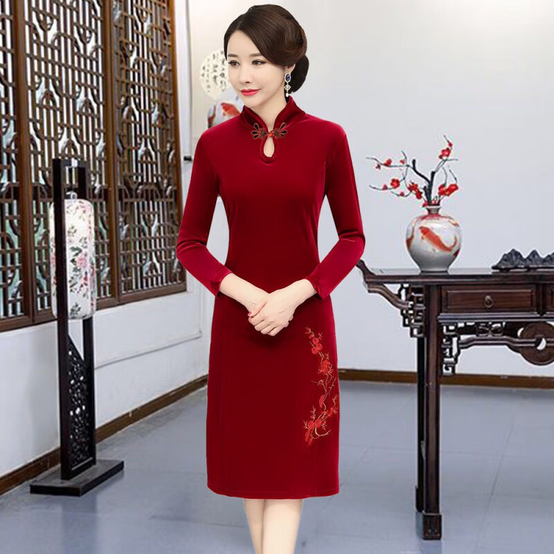 宫柒尓喜婆婆服装婚礼冬装高档礼服秋冬妈妈装连衣裙高档新款加绒带绒
