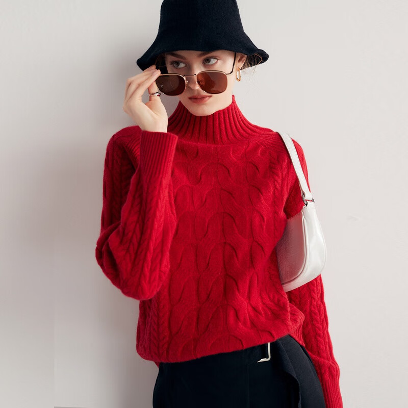 帕罗山羊绒女式羊绒衫立体绞花半高领套头针织衫保暖时尚插肩袖毛衣ET20016R 红AB XL/110