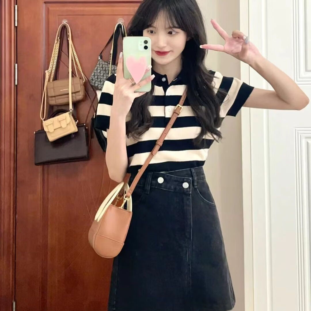 lanweifeilei夏装可盐可甜盐系少女穿搭甜辣风港味复古条纹上衣短裙两