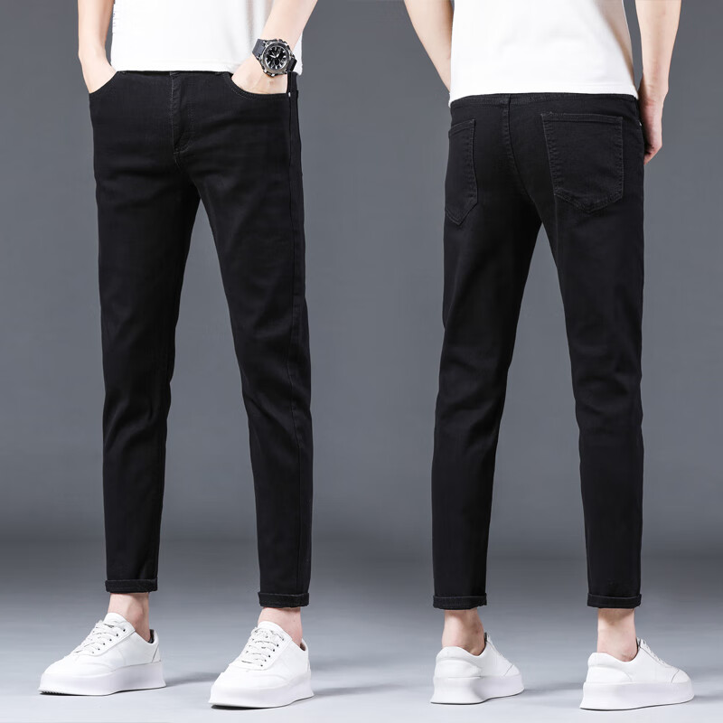 黑色九分破洞牛仔裤修身小脚裤男装裤子休闲男士显瘦 黑色九分常规 27