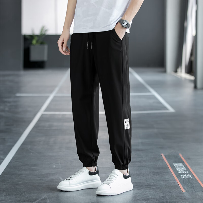 裤子男胖人男裤子加大加肥大号夏季薄款 9972黑色(束口) l 100-120斤