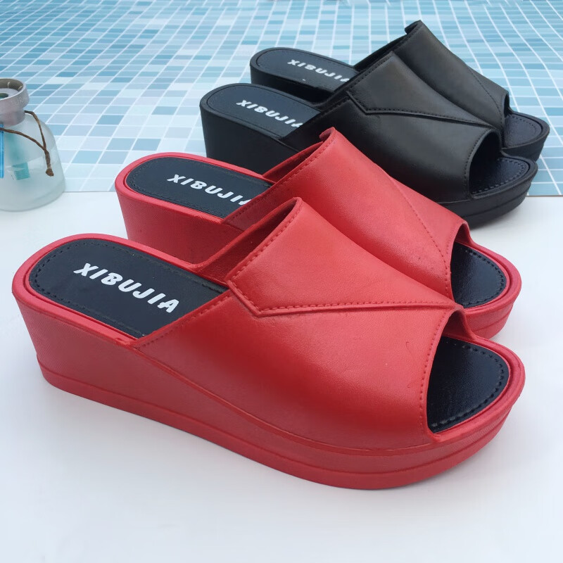 韩版时尚松糕厚底高跟妈妈拖鞋居家休闲外穿塑料防滑女凉拖鞋 红色 39