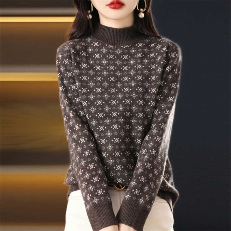 瑷优霏半高领毛衣女加厚针织衫女22年秋冬新款女装韩版宽松碎花内搭打底衫女士羊毛衫冬款毛衣内搭上衣 图片色5807 巧克力色 XL建议115-125斤左右