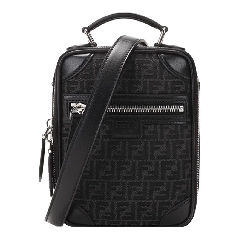 芬迪（FENDI）男士織物配皮手提單肩斜挎包旅行包迷你款男包禮物男 7VA542 AG0N F0NPN 深灰色黑色FF提花圖案