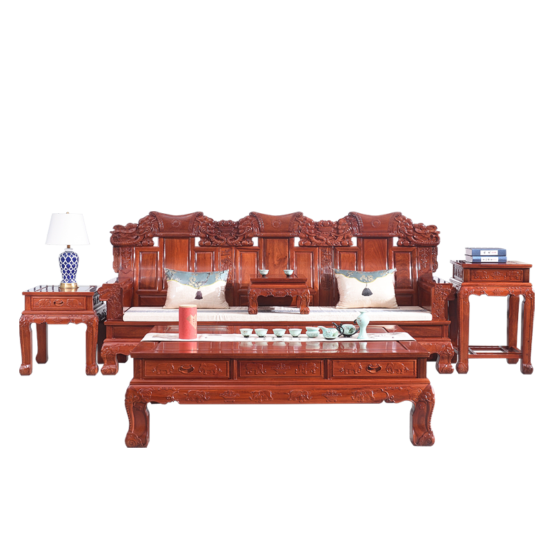 木中央 红木家具 缅甸花梨 学名:大果紫檀沙发 全实木沙发 新中式客厅组合 大户型整装套装 大奔沙发 沙发十一件套:4单人+三人+平几+4角几+炕几