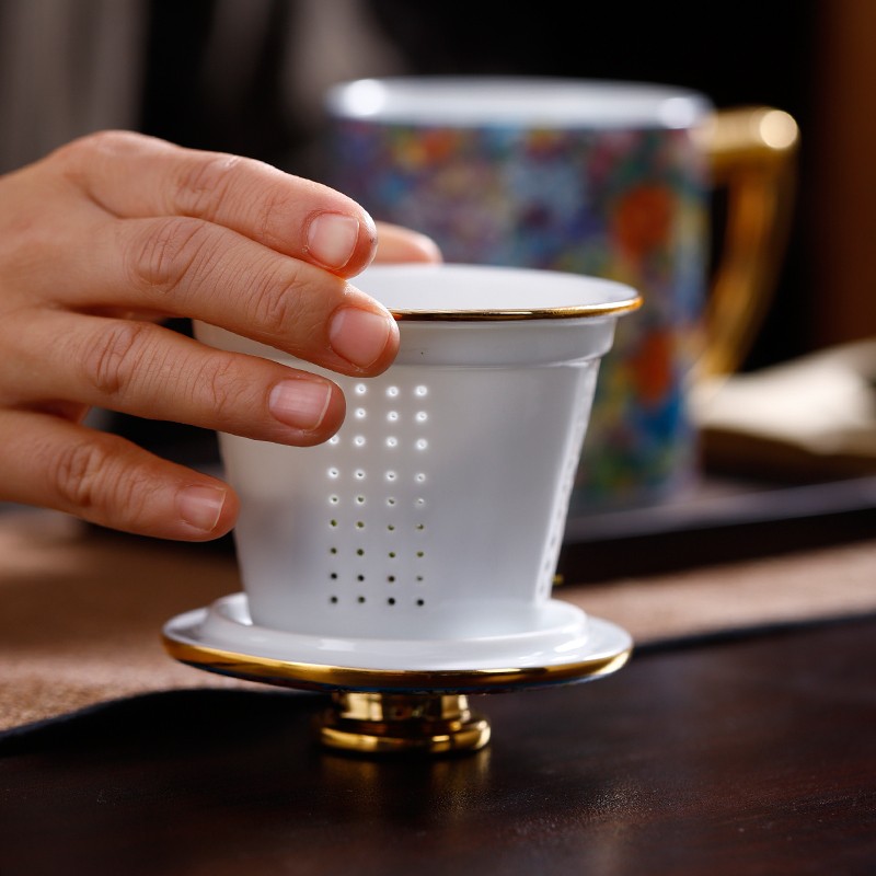 裂均景德镇陶瓷万花珐琅彩办公杯茶杯茶水分离杯子家用带盖茶漏中式大 直升杯