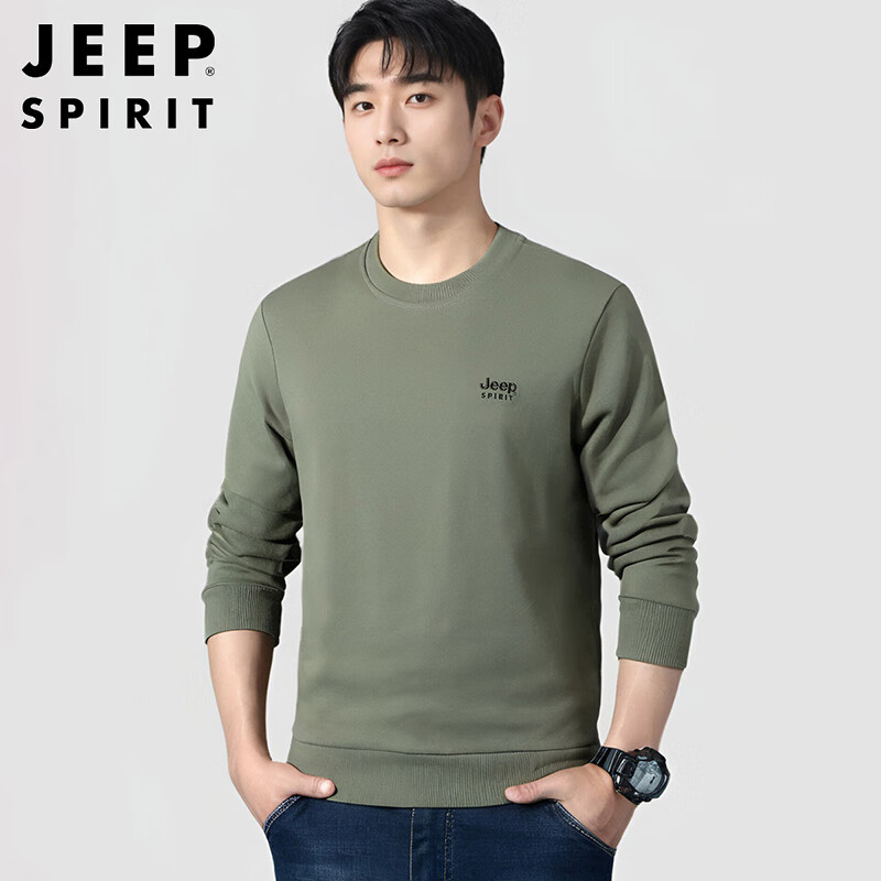 JEEP SPIRIT吉普卫衣男春秋季韩版男士卫衣圆领长袖t恤打底衫男装 军绿 XL 