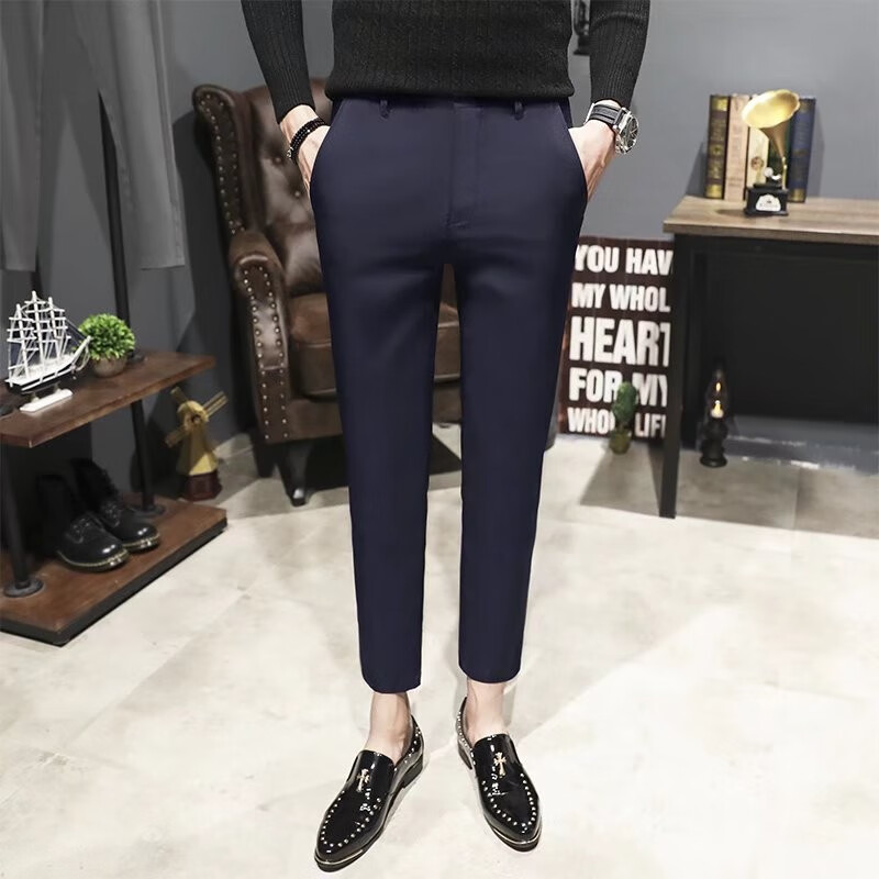 裤子男秋冬男士商务休闲裤韩版潮流加绒九分裤男 藏青 27