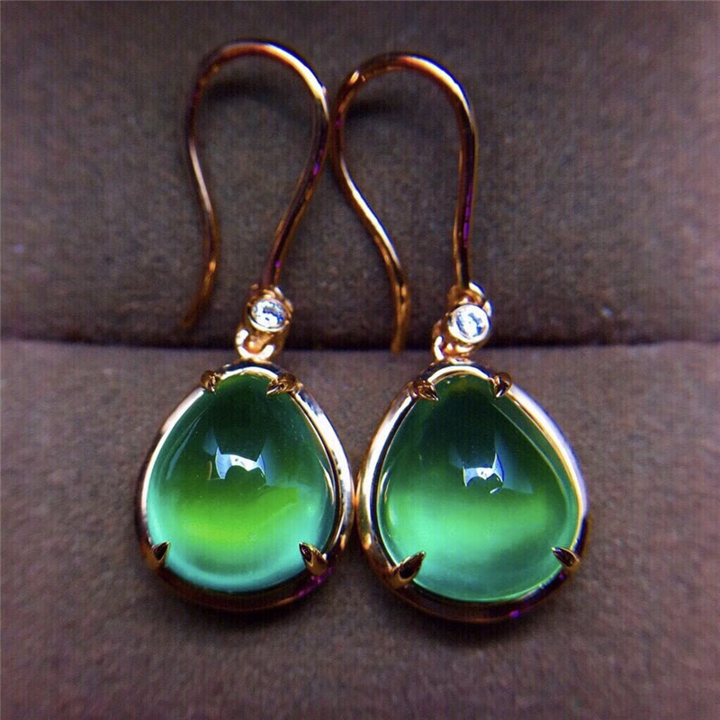 1克拉天然葡萄石耳坠耳饰 水滴形蛋面 18k金镶嵌钻石