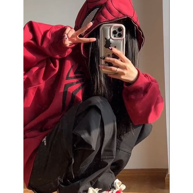 橙央蜘蛛侠来啦设计感连帽卫衣女ins美式国潮街头宽松情侣外套 酒红色