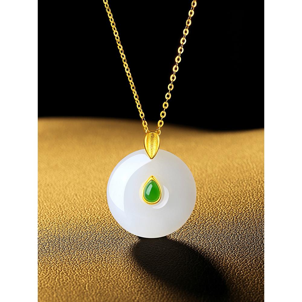 莎畔和田玉金镶玉吊坠女平安扣黄金项链999足金套链女友圆形玉石挂坠