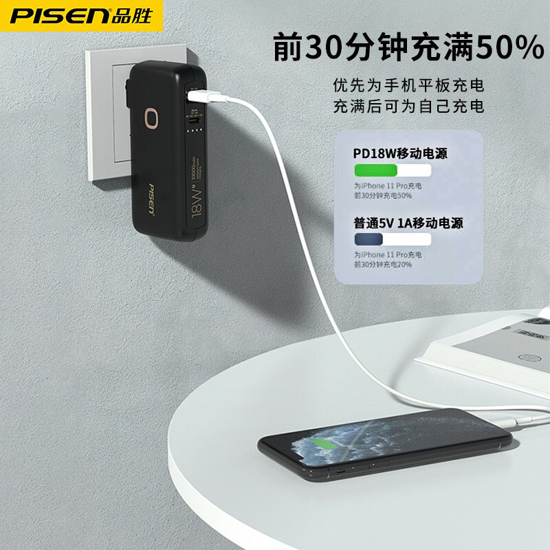 品胜充电宝10000毫安自带插头移动电源双向充电18w电霸可以能带上飞机
