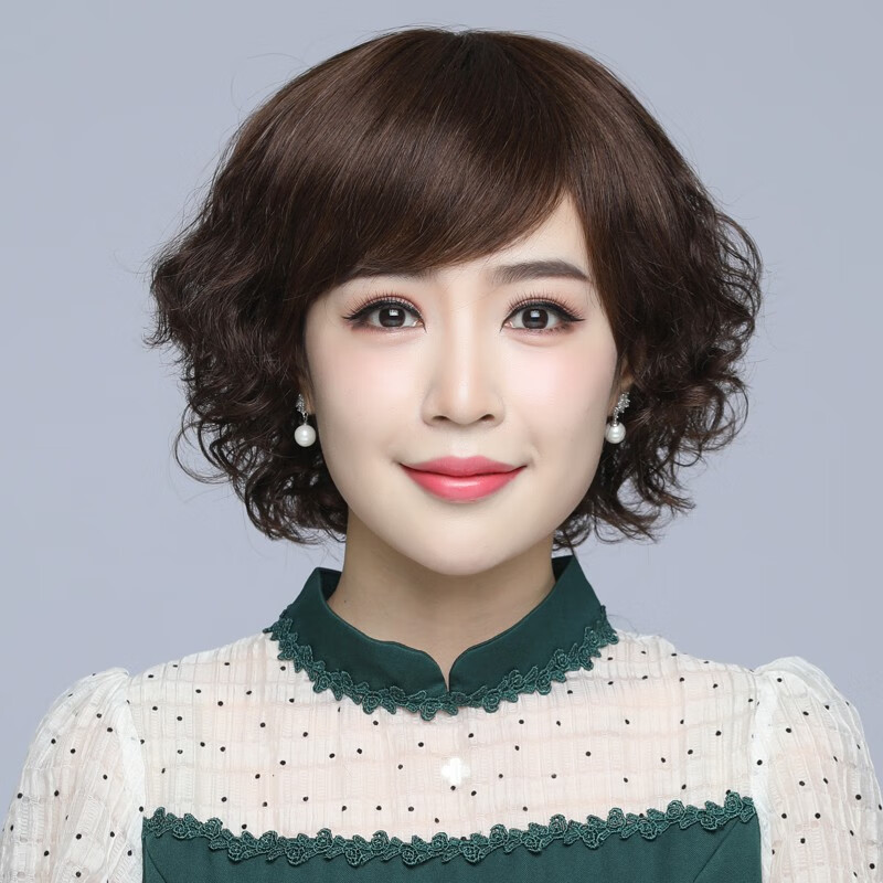 假发短发女真发全真人发丝妈妈女士头套中老年短卷发真头发套自然 发