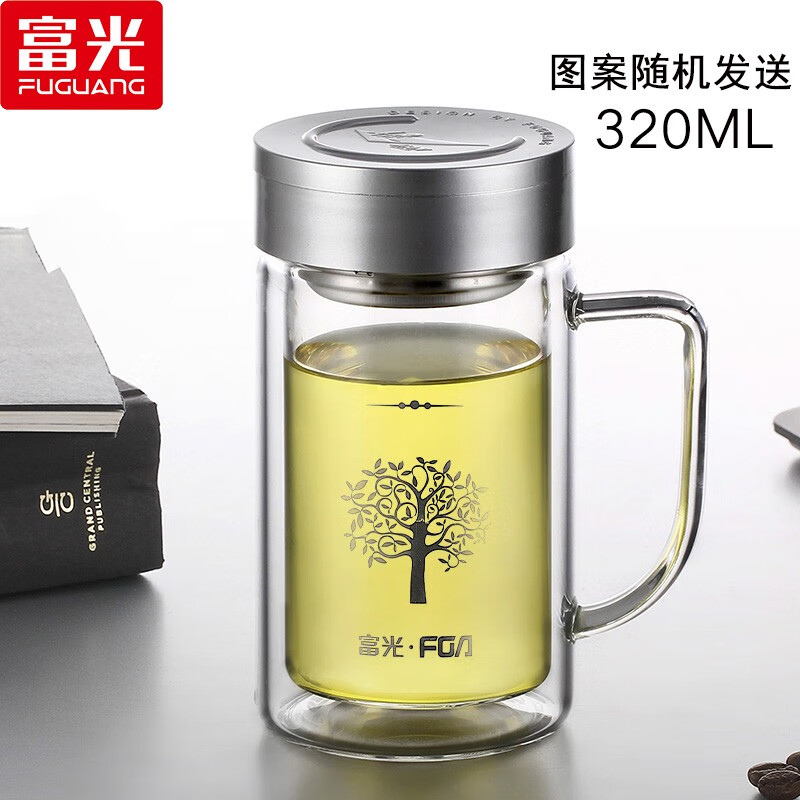 富光 健牌双层玻璃杯 透明带盖茶杯办公杯带把 大容量男女水杯 刻字